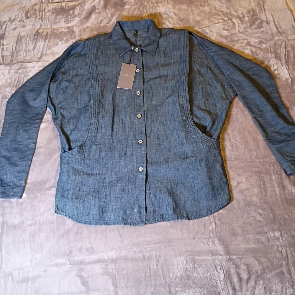 7 For All Mankind Womens Chambray Dolman Pintuck‎ Shirt Blue Cotton XS AN0303776